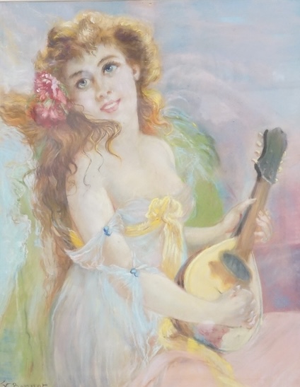 V. Bonnat, French Art Nouveau style pastel, Portrait of a young woman playing a lute, signed, 47 x 37cm. Condition - fair to good
